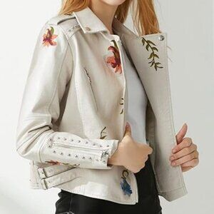 Women's Embroidered Studded Vegan Leather Jacket Moto Punk Jacket Floral Coat